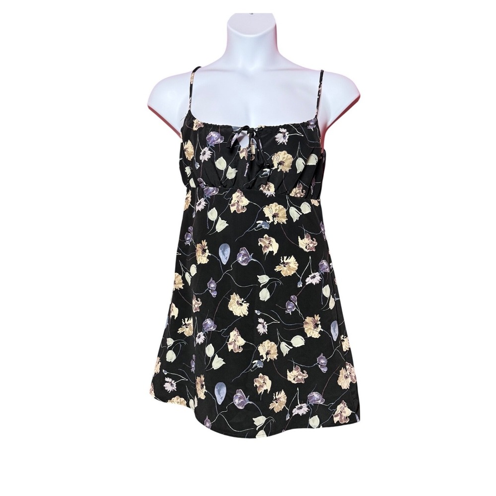 Vintage Day2Day Women Medium Floral Mini Slip Black Dress Y2K Coquette Babydoll